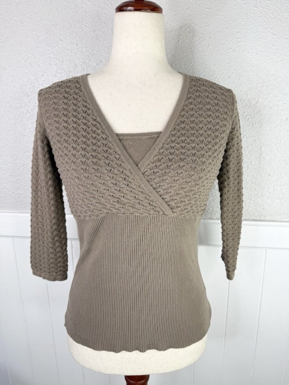 Vtg Y2K Babydoll Top Sz M Taupe Open 3/4 Sleeve Neutral Silk Blend Grunge